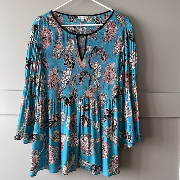 Spense Floral Top Women Sz Large Blue 3/4 Bell Sleeve Lightweight Stretch Boho - Picture 1 of 12
